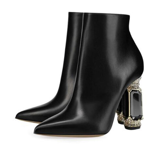 Luxury Rhinestone Gemstone Heel Women Side Zip Short Boots