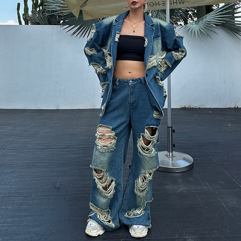 European And American Style Street Lapel Ripped Edging One Button Loose Large Version Denim Coat