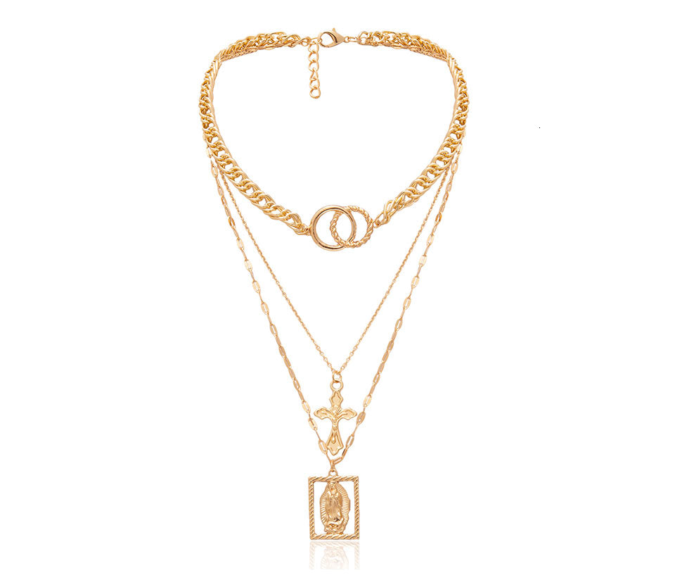 Vintage Multilayer Double Ring Embossed Jesus Necklace