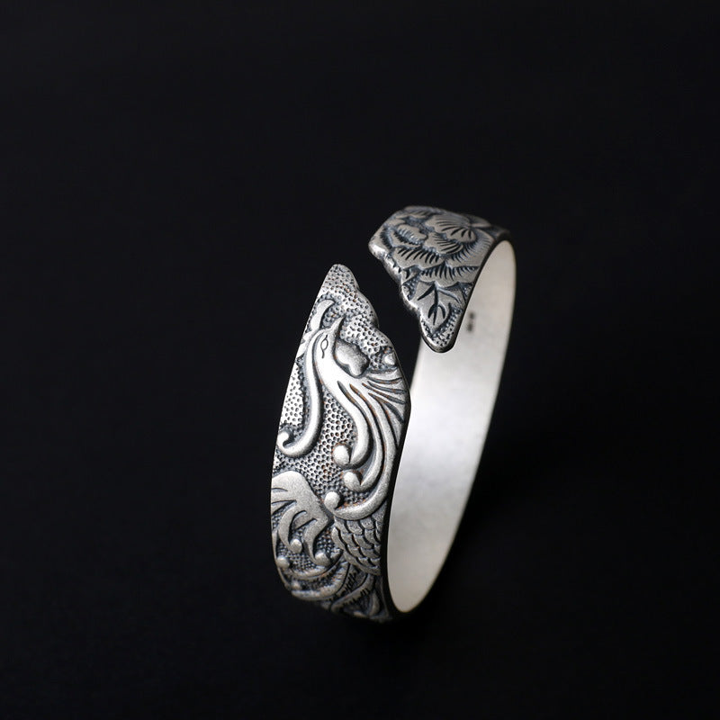 S999 Pure Silver Phoenix Peony Wide Side Thai Silver Matte Retro Ethnic Style Bracelet Women