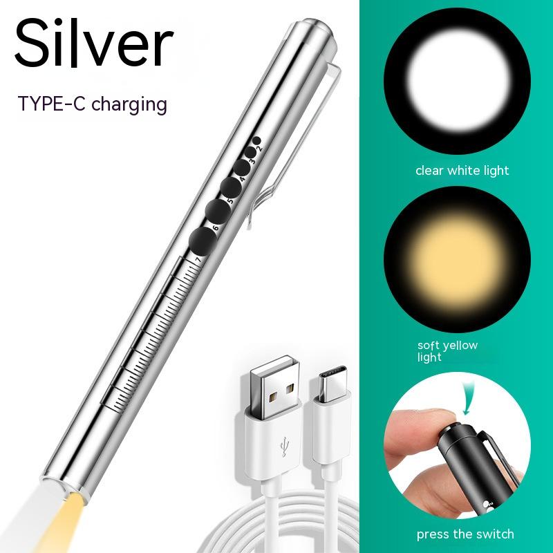 USB Charging Medical Flashlight Rear Push Yellow And White Dual Light