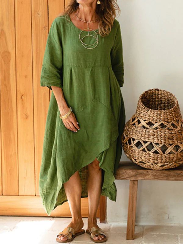 Women Maxi Dress Neck Pocket Summer Loose Casual Baggy Robe Female Retro Long Dresses