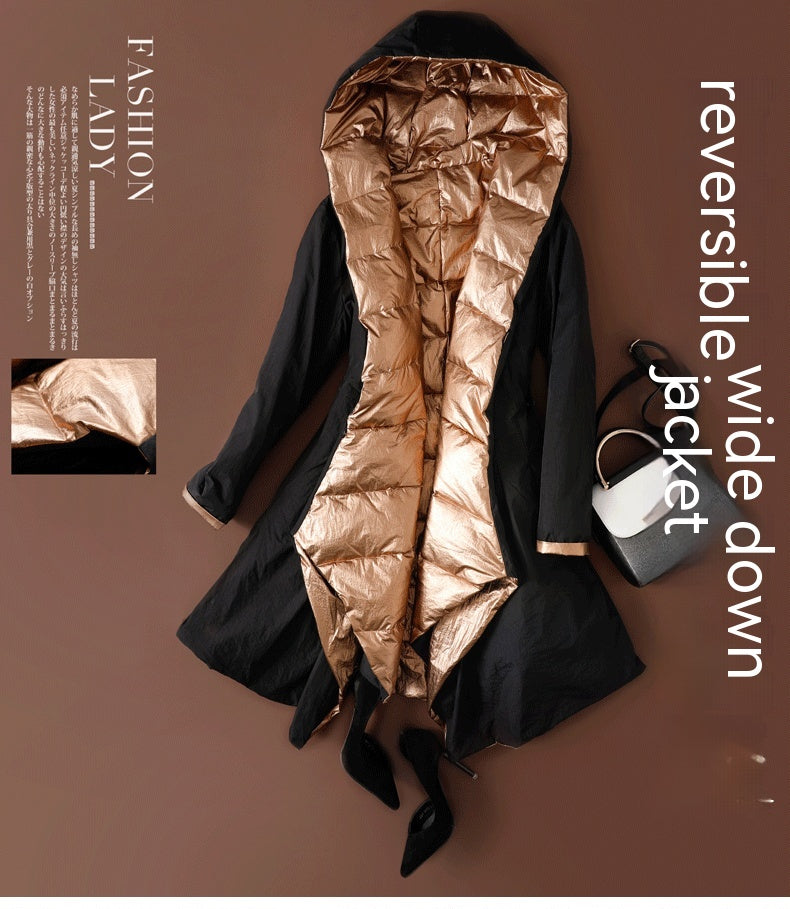 European And American Slim Irregular Thick Mid-length Glossy Two-sided Wear Down Jacket Women