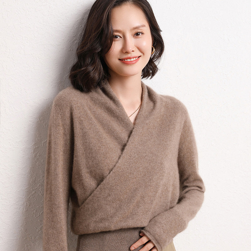 French Cross V-neck Cashmere Sweater Women Loose-fitting Outside