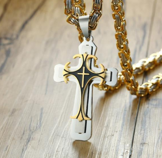 Jesus Bible Scripture Golden Cross Titanium Steel Pendant Necklace