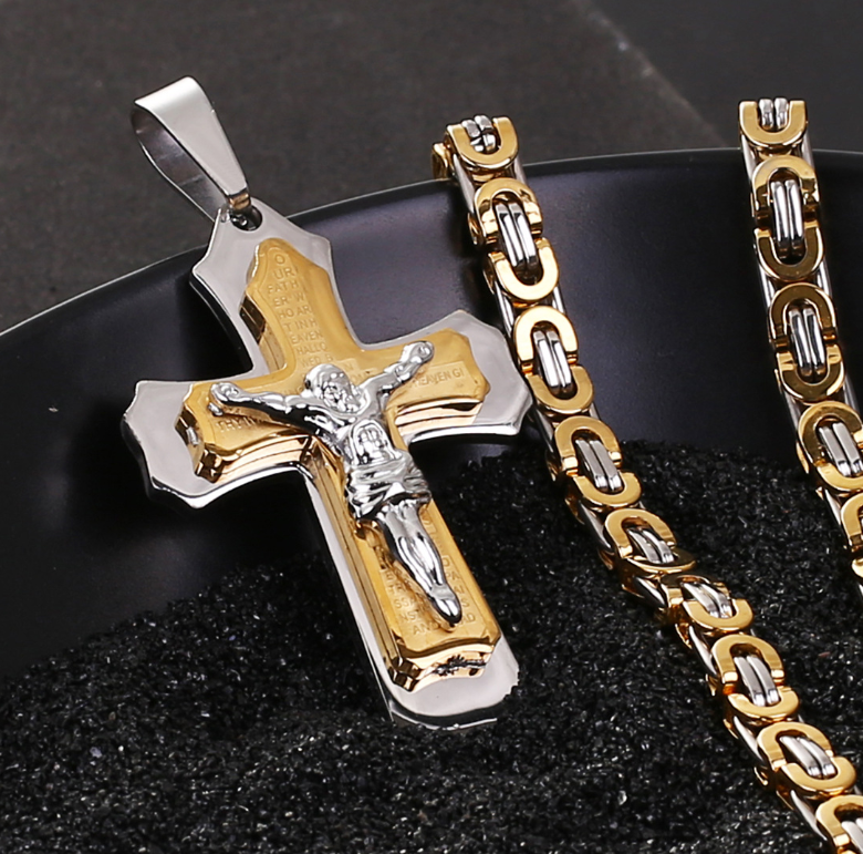 Jesus Bible Scripture Golden Cross Titanium Steel Pendant Necklace