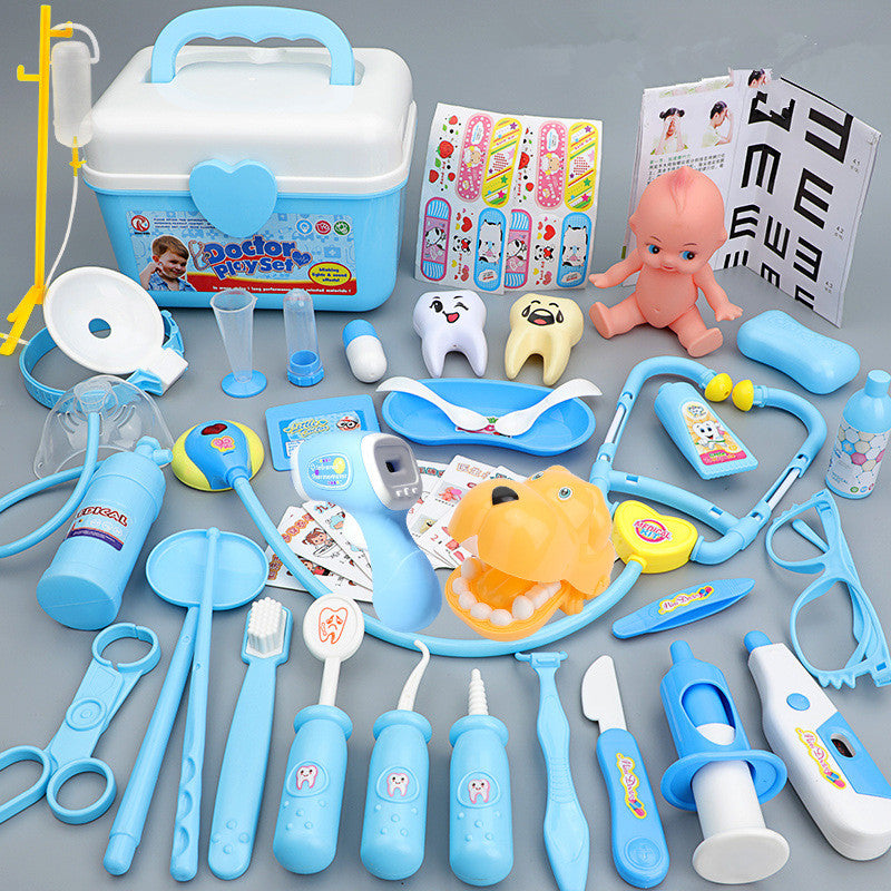 Baby dressed as doctor's medical box toy set