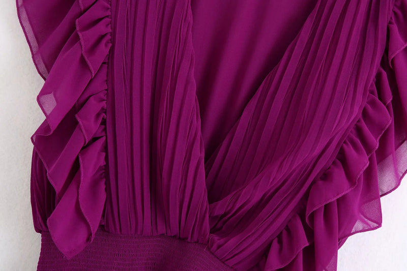 Vintage Women Purple Long Dress Summer Fashion Ladies Elegant Pleated Chiffon Dresses Female Cute Ruffles Dress Girls Chic