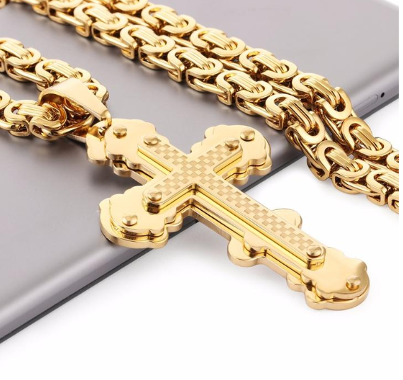 Jesus Bible Scripture Golden Cross Titanium Steel Pendant Necklace