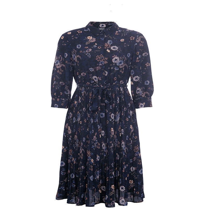 Floral pleated A-line waist chiffon dress women