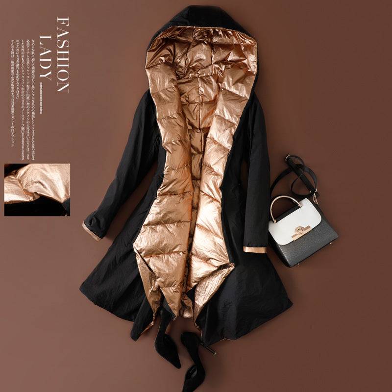 European And American Slim Irregular Thick Mid-length Glossy Two-sided Wear Down Jacket Women