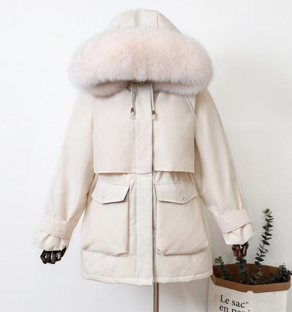 Large Natural Raccoon Fox Fur Hooded Winter Down Coat Women