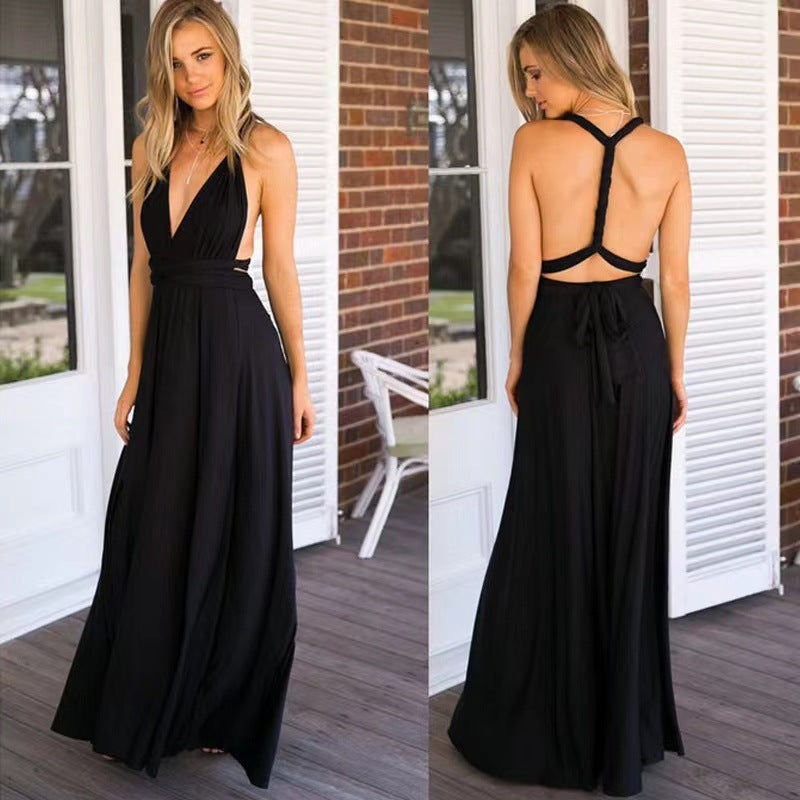 V-neck Long Dress Women Cross Strap Beauty Back Design Party Dresses