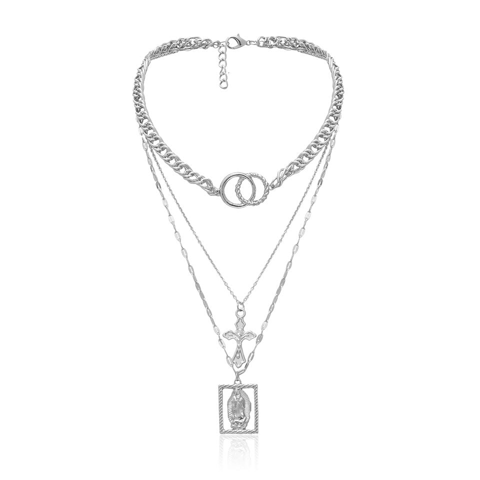 Vintage Multilayer Double Ring Embossed Jesus Necklace