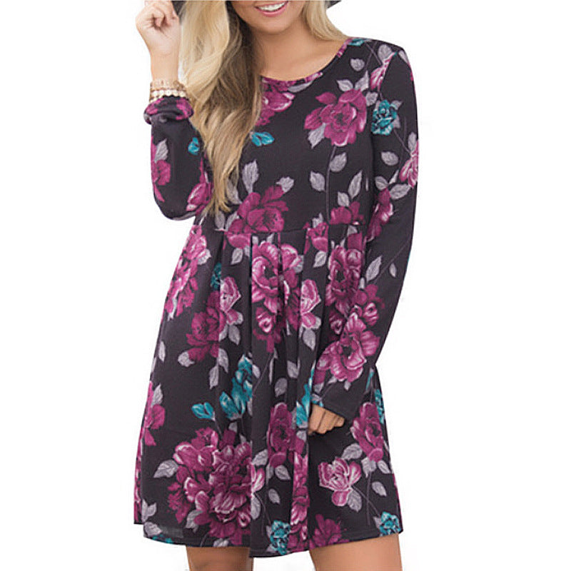 Elegant Floral Dresses for Women A-line Long Sleeve High Waist O-neck