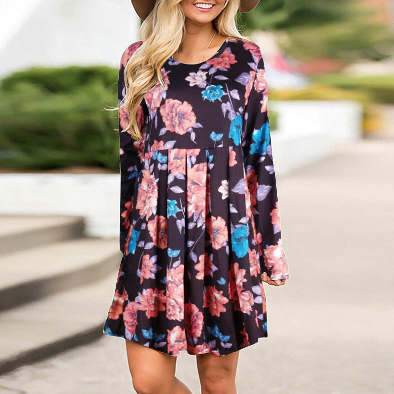 Elegant Floral Dresses for Women A-line Long Sleeve High Waist O-neck