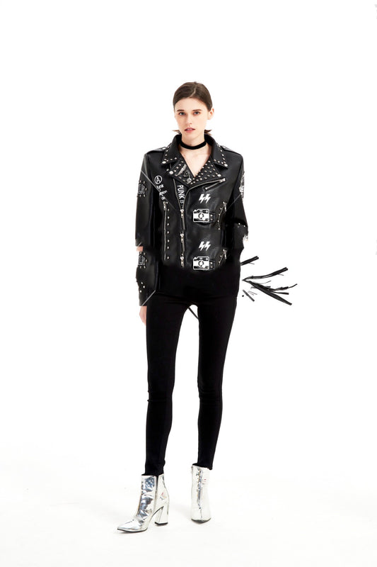 Graffiti Printed Rivet Slim Short Leather Jacket Women