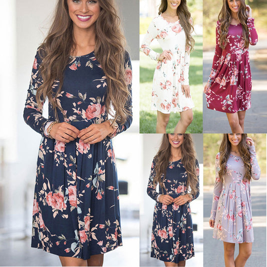 Elegant Floral Dresses for Women A-line Long Sleeve High Waist O-neck