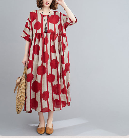 Plus Size Vintage Polka Dot Simmer Dress Cotton Casual Ladies Dresses for Women 4XL 5XL 6XL Robe Femme Red Long Dress