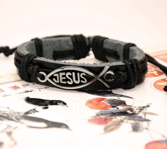 Small fish Jesus Leather Jewelry Twine Bracelet