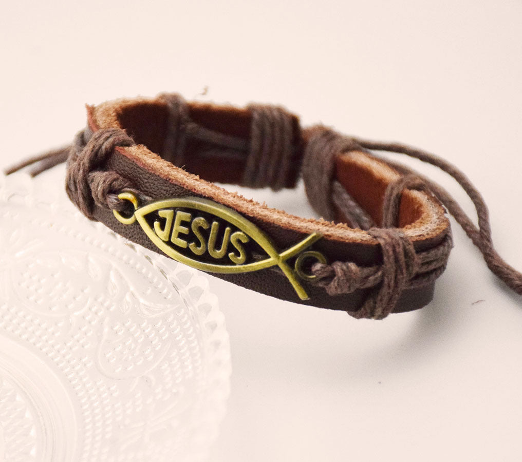 Small fish Jesus Leather Jewelry Twine Bracelet