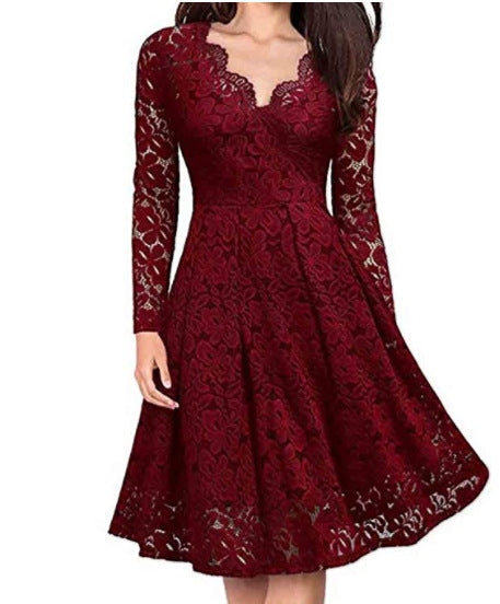 Women Dresses V-Neck Off Shoulder Lace Evening Party Dress Long Sleeve Dress Spring Autumn Vestido Invierno Mujer