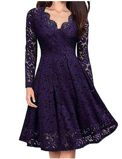 Women Dresses V-Neck Off Shoulder Lace Evening Party Dress Long Sleeve Dress Spring Autumn Vestido Invierno Mujer