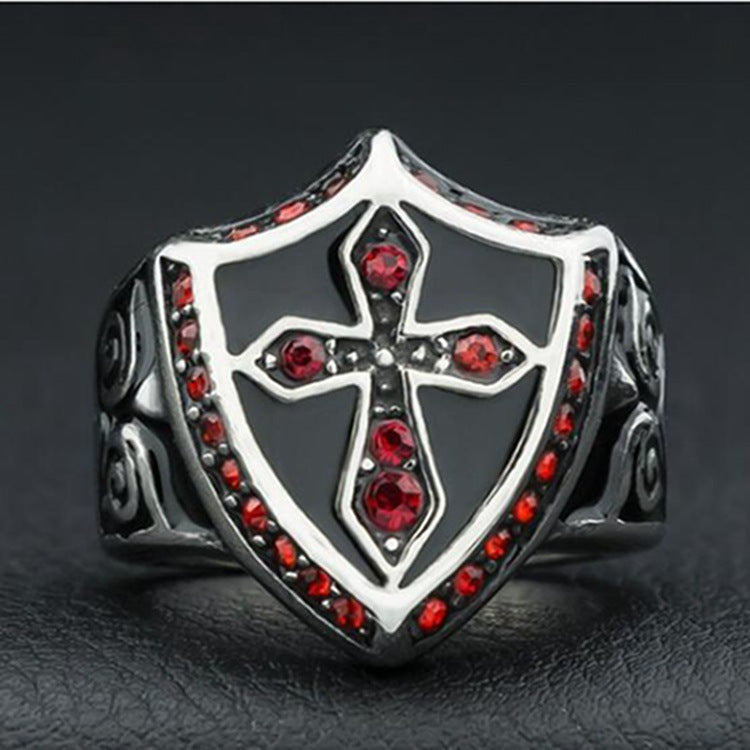 New Men's Punk Domineering Religious Jesus Red Diamond Cross Diamond Ring