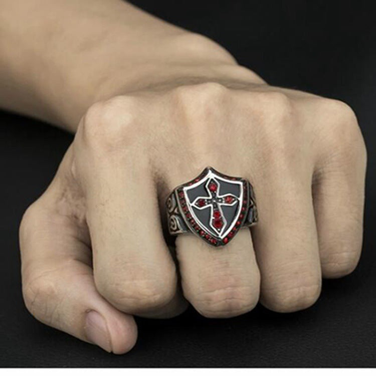 New Men's Punk Domineering Religious Jesus Red Diamond Cross Diamond Ring