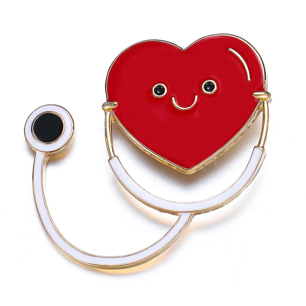 New Heart-shaped Smiley Face Stethoscope Medical Enamel Brooch Pin Red Love Doctor's Pins Gift Jewelry Lapel Badge Accessories