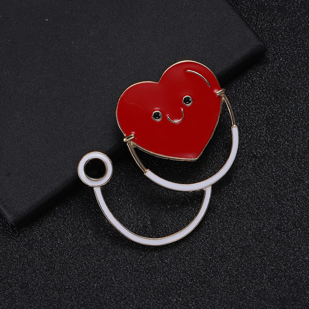 New Heart-shaped Smiley Face Stethoscope Medical Enamel Brooch Pin Red Love Doctor's Pins Gift Jewelry Lapel Badge Accessories