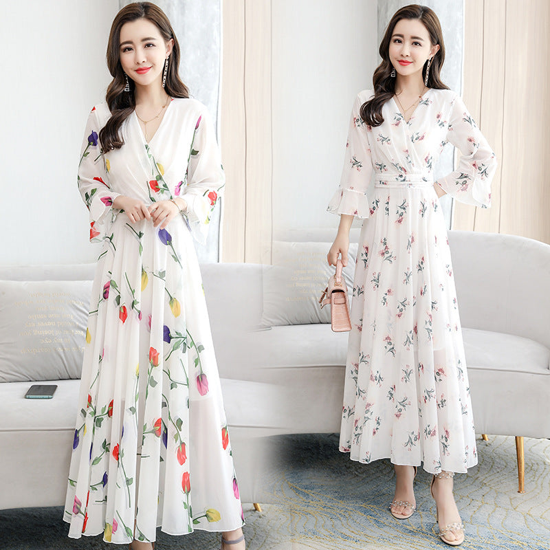 Women Short Sleeve Maxi Dress Fashion Bodycon V-neck White Print Runway Retro Chiffon Long Party Dresses Vestidos