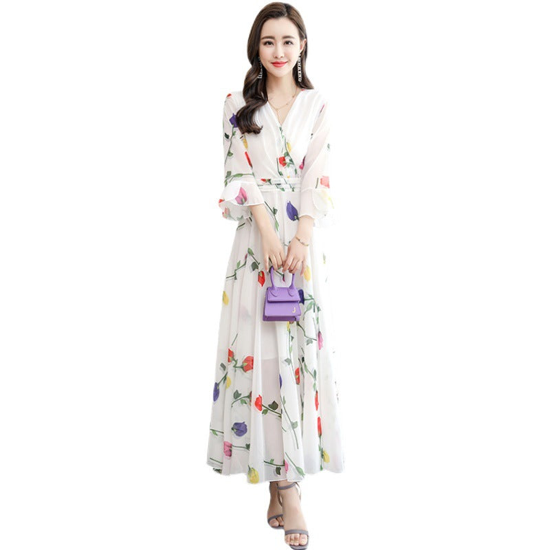 Women Short Sleeve Maxi Dress Fashion Bodycon V-neck White Print Runway Retro Chiffon Long Party Dresses Vestidos