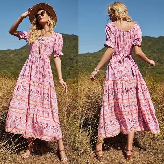 Aachoae Women Elegant A Line Long Maxi Dress With Belt Summer Floral Print Beach Dress Ruffle Short Sleeve Bow Tie Chic Dresses