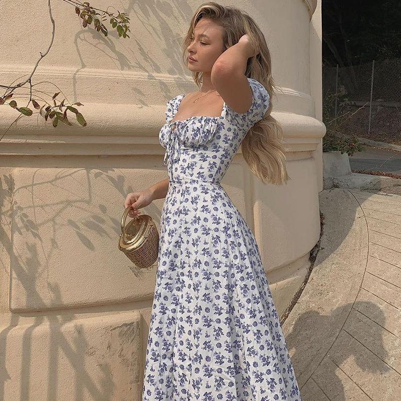 Summer Floral Print Dress Women Sexy Party Long Dresses Puff Short Sleeve