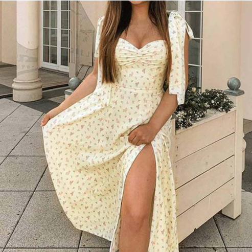 Summer Floral Print Dress Women Sexy Party Long Dresses Puff Short Sleeve