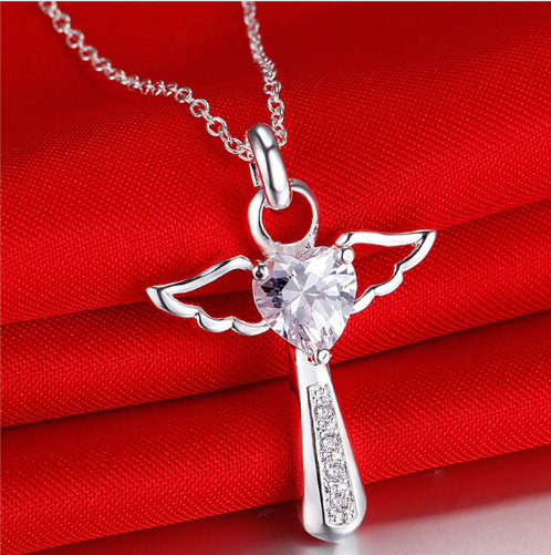 Epacket Drop Shipping Fast Ship Hot Jesus Cross Love Angel Heart Pendant Necklace 18 Inch Wings Silver 925 Women Girl