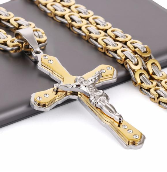 Jesus Bible Scripture Golden Cross Titanium Steel Pendant Necklace