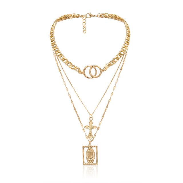 Vintage Multilayer Double Ring Embossed Jesus Necklace