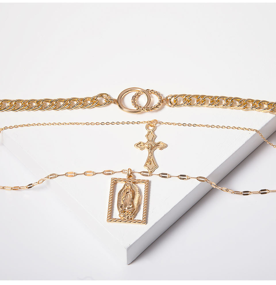 Vintage Multilayer Double Ring Embossed Jesus Necklace
