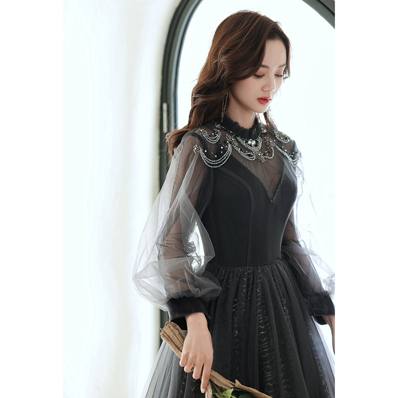 Black Evening Dress Women Light Luxury Annual Long Sleeves