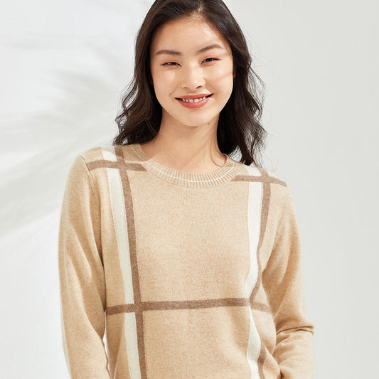 Pure Cashmere Round Neck Check Bottoming Wool Sweater Women