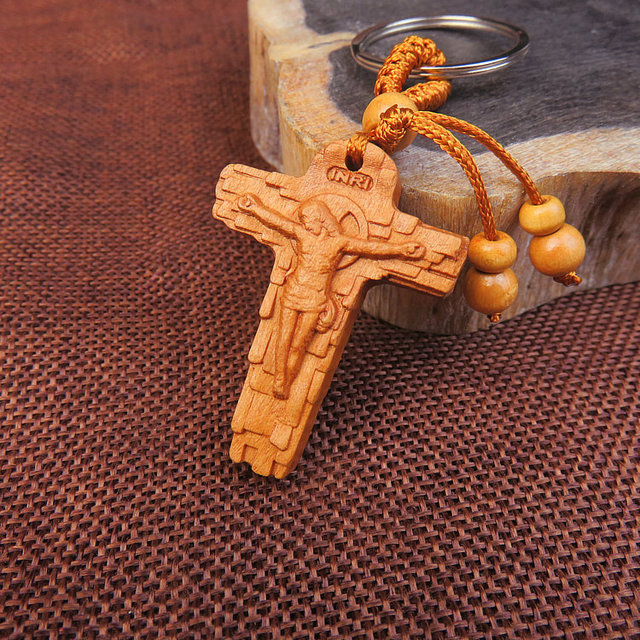 Embossed mahogany keychain pendant jesus