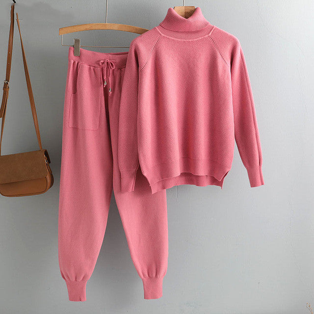 Pieces Set Women Knitted Tracksuit Turtleneck