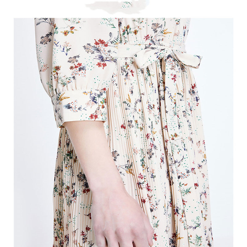 Floral pleated A-line waist chiffon dress women