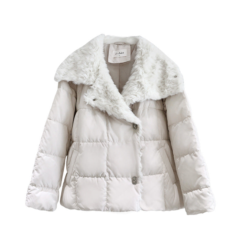 Patch Wool Lapel Down Jacket Women White Duck Down Mid-length Coat