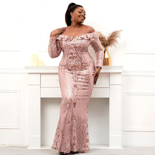 Plus Size Women Long Sve Bla GoSequin Evening Dress Ele