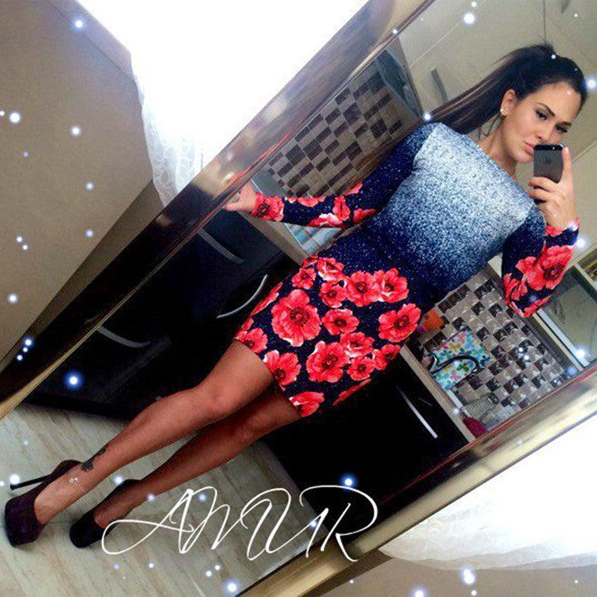 Women Dress O Neck Polka Dot Floral Print Pencil Dress Long Sleeve Bodycon Mini Night Club Party Dresses Vestido