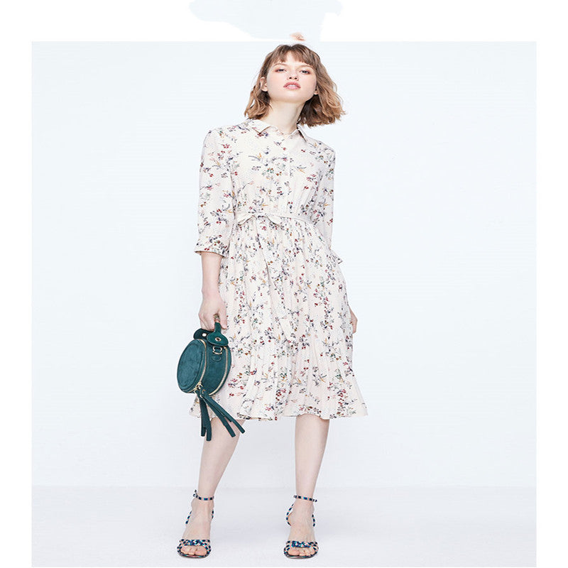 Floral pleated A-line waist chiffon dress women