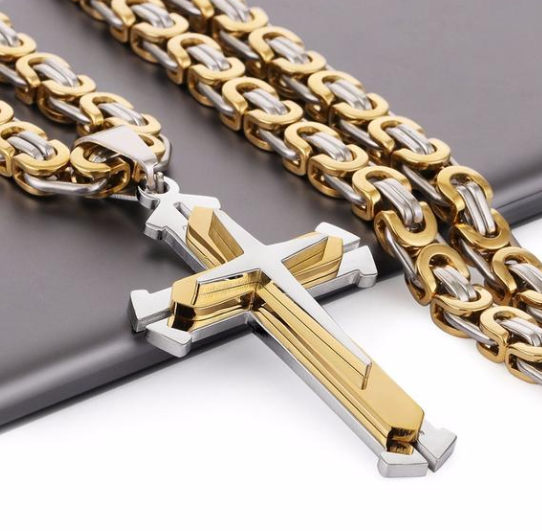 Jesus Bible Scripture Golden Cross Titanium Steel Pendant Necklace